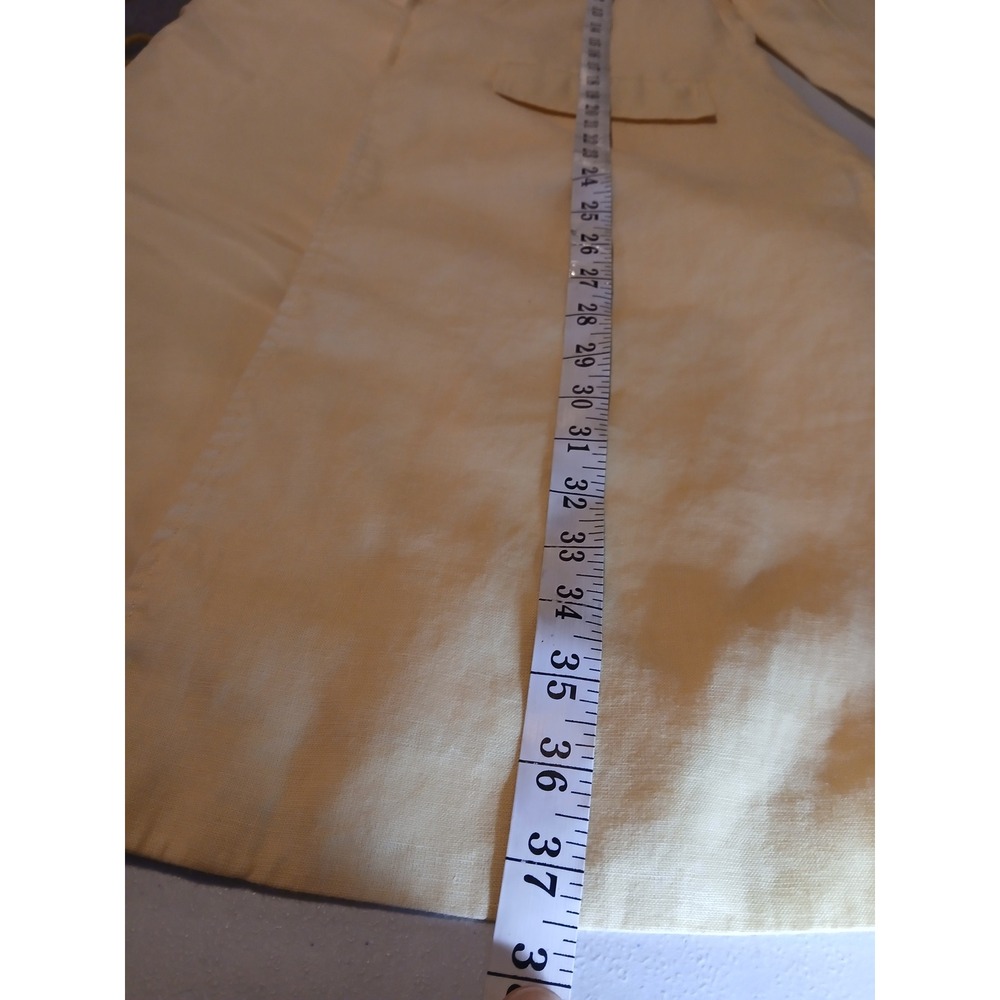 Linen Yellow Open Duster Jacket Mandarin Collar Long Sleeve Side Slit Blazer - Picture 6 of 14
